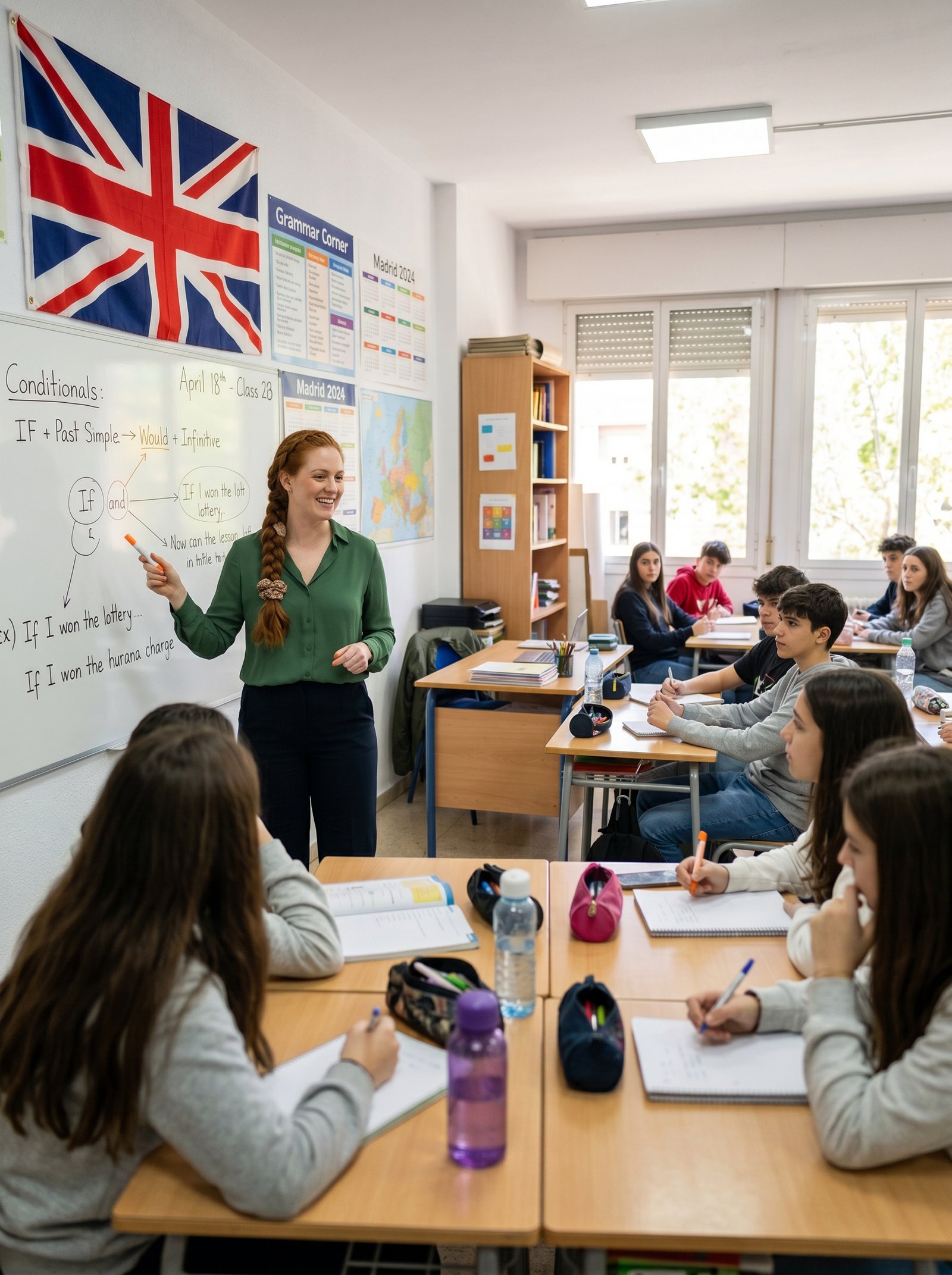 Auxiliar de conversación nativo en Madrid trabajando con alumnos en un aula de colegio