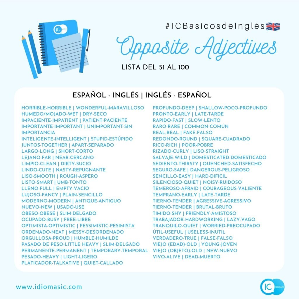 lista de adjetivos opuestos en inglés